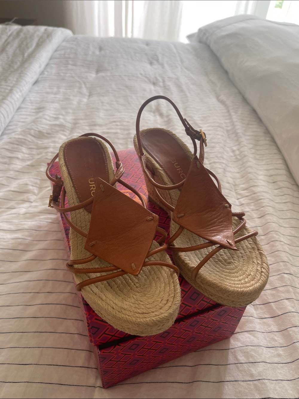 Tory Burch Tan Leather Espadrille Wedge Sandals